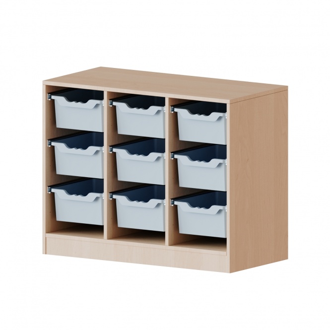 ErgoTray Regal, 3reihig, 2 OH, mit Möbelstellfüßen, 9 hohe Boxen, B/H/T 104,5x82x40cm 